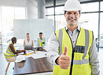 Thumbs up, leader and architect team working on architecture design for a home, house or skyscraper building. Senior man, manager or supervisor with thumbsup for motivation, teamwork or collaboration