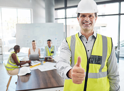 Buy stock photo Thumbs up, leader and architect team working on architecture design for a home, house or skyscraper building. Senior man, manager or supervisor with thumbsup for motivation, teamwork or collaboration