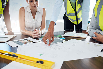 Buy stock photo Construction, blueprint and planning with architect in meeting for consulting, project management and vision. Design, engineering and construction site plans with team of designers or contractors