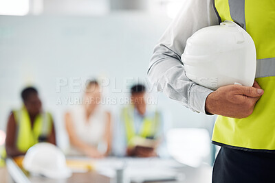 Buy stock photo Building, construction and maintenance man employee holding a safety helmet. Construction worker ready to start working with contractor, handyman and builder people team on a job break with mockup