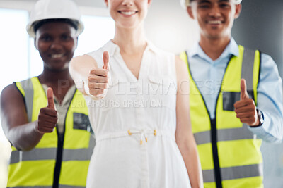 Buy stock photo Thumbs up, hands or success for manager of construction worker, engineer or architect diversity. Collaboration, leader or trust gesture for building designer woman with teamwork or real estate vision