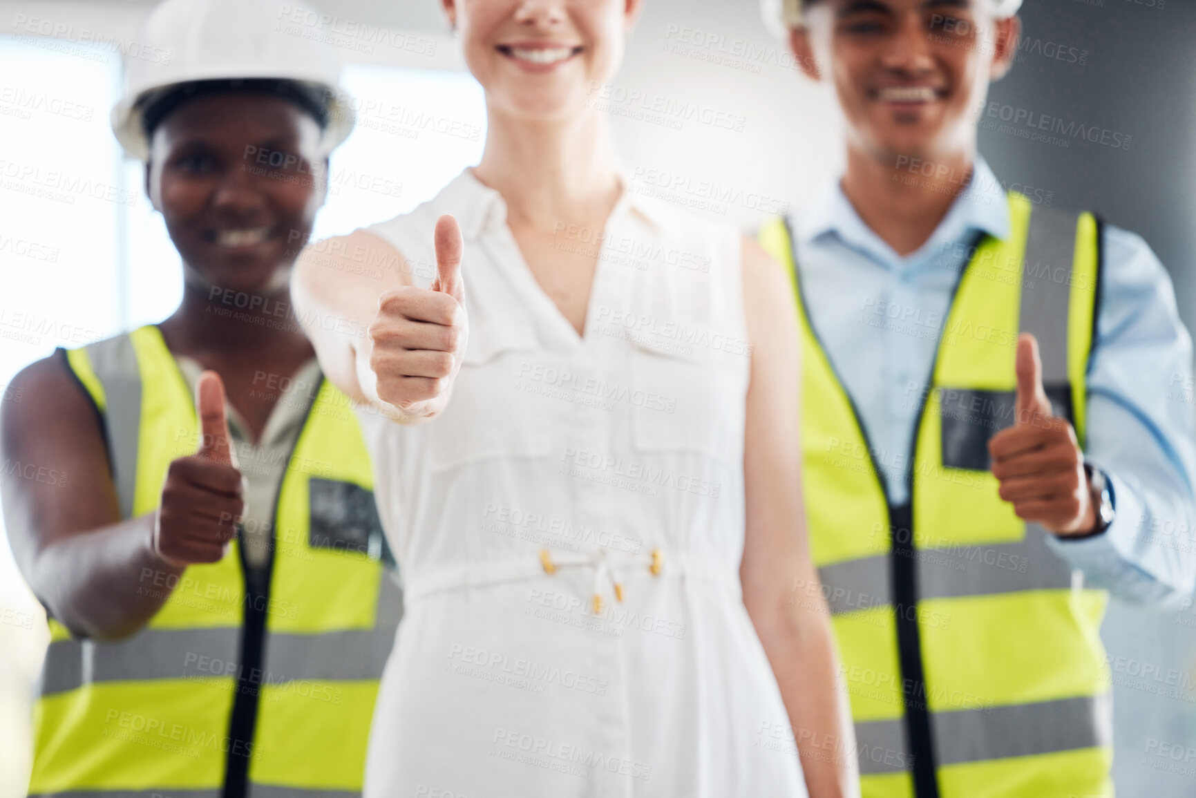 Buy stock photo Thumbs up, hands or success for manager of construction worker, engineer or architect diversity. Collaboration, leader or trust gesture for building designer woman with teamwork or real estate vision