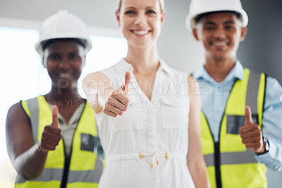 Buy stock photo Architecture, leader and thumbs up to women in construction, architectural and yes to industrial success. Woman in engineering happy with global teamwork, diversity and industry development approval