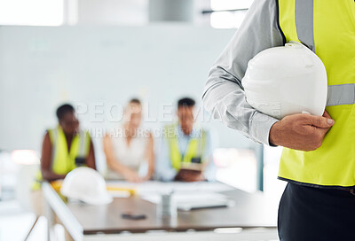 Buy stock photo Man, building helmet and construction worker meeting with engineering leadership, manager and employee. Zoom on hand, safety hard hat and architect with property vision for real estate architecture
