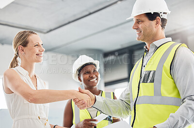 Buy stock photo Welcome handshake and meeting with construction engineer for business contract deal together. Professional agreement hand gesture with industrial architect design workers busy with project.