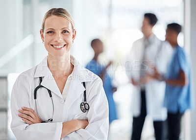 Buy stock photo Doctor, healthcare and success woman with stethoscope smile, trust and leadership at medical hospital or clinic. Happy Finland pharmacist manager in medicine innovation, management vision and mission