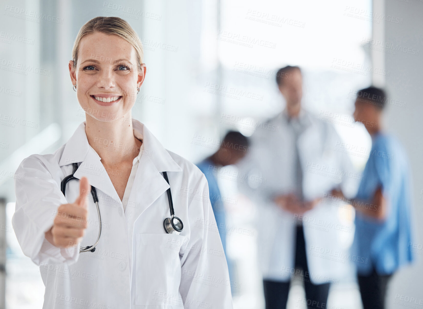 Buy stock photo Thumbs up, smile and happy doctor, woman or success in a medical hospital. Portrait like gesture or vote hands, okay or success, welcome or motivation, hand communication, icon or thank you sign.