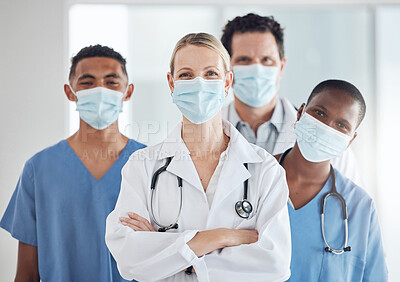 Buy stock photo Covid 19, face mask and woman doctor with nurses teamwork in hospital compliance in stop of global virus. Healthcare leadership, medical and diversity collaboration in security wellness medicine room