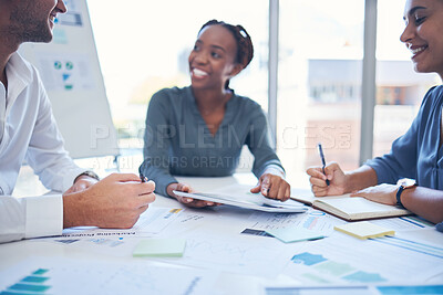 Buy stock photo Business people, analytics and meeting discussion for documents, paperwork and research at the office. Group of analysts in teamwork collaboration, strategy and plan for company statistics or goals
