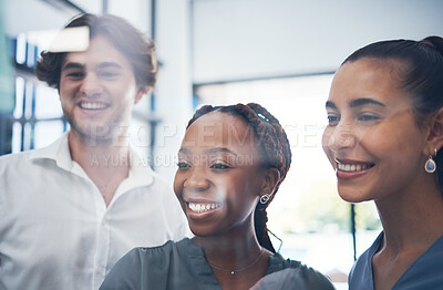 Buy stock photo Business people planning, collaboration and idea on glass board for innovation idea or company success. Happy corporate worker teamwork, career goal and brainstorming strategy in project management 