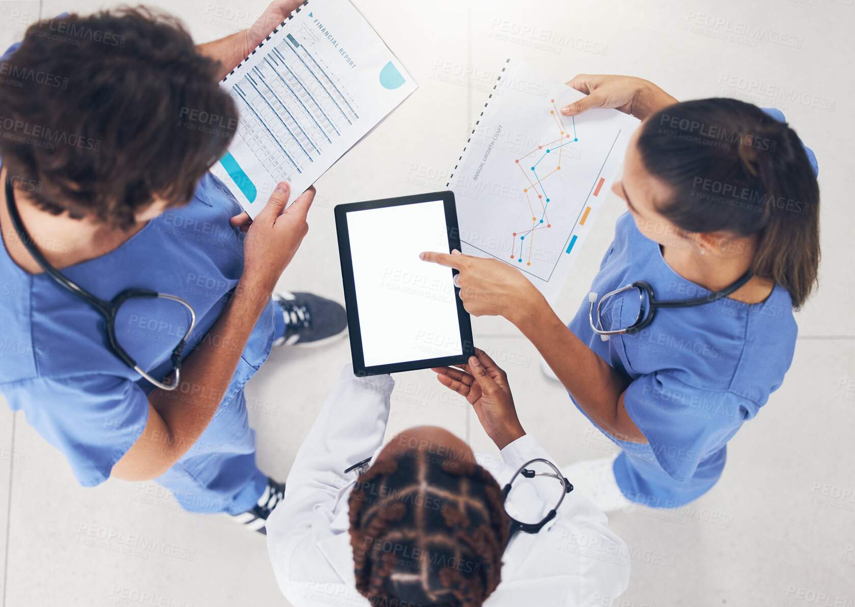 Buy stock photo Doctors, nurse and team meeting with tablet, documents and paper working on planning, collaboration and data or analytics. Teamwork research people with tech for hospital management software or app