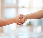 Handshake, support and b2b collaboration partnership success in team meeting and welcome employee to startup company. Shaking hands, thank you and contract deal after interview with business manager
