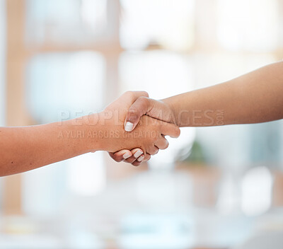 Buy stock photo Handshake, support and b2b collaboration partnership success in team meeting and welcome employee to startup company. Shaking hands, thank you and contract deal after interview with business manager
