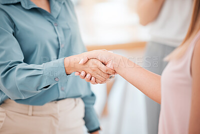 Buy stock photo B2b, thank you and handshake with business women in a meeting welcome, partnership and agreement on contract. Employee and ceo shake hands on work deal, teamwork and success in office collaboration