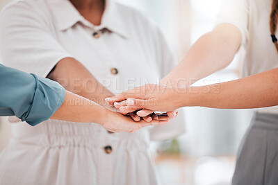 Buy stock photo Group hands, motivation and team building trust mission for success, partnership deal and winner support together. Closeup of women, global community celebrate and diversity collaboration achievement