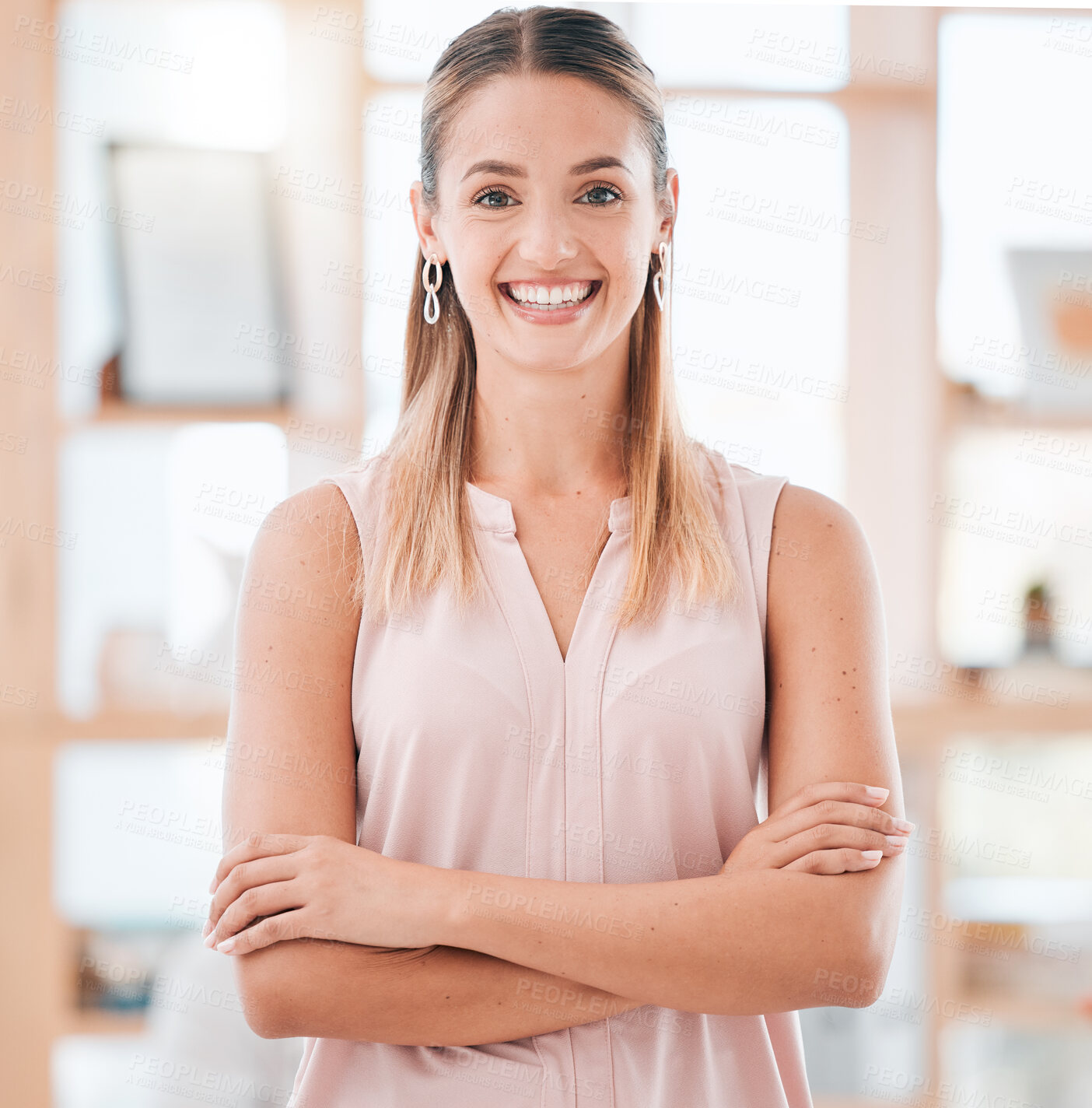 Buy stock photo Leadership, smile and happy business woman standing with arms crossed in an office for motivation with a positive mindset. Portrait of female entrepreneur looking satisfied with job or career choice