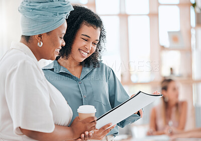 Buy stock photo Partnership, discussion and colleagues looking at data document while talking with collaboration on a project in a modern office. Black women, advice and teamwork asking opinion of a happy manager