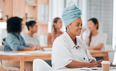 Buy stock photo Black woman, marketing and global office of women in startup advertising company after strategy meeting. Smile, happy and traditional muslim in inclusive brand strategy or teamwork innovation design