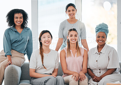 Buy stock photo Business women, diversity and global teamwork collaboration in female startup, marketing company or inclusive office. Happy portrait, smile employee or worker with motivation vision in about us brand