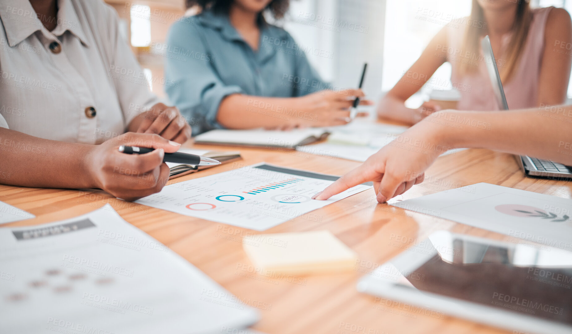 Buy stock photo Business, marketing analytics and finance team discussing data with collaboration and teamwork in a office. Closeup staff working on tax, audit report and accounting infographics documents together
