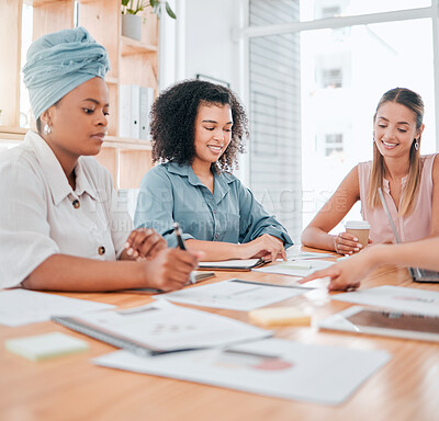 Buy stock photo Paperwork, corporate women team consulting in an office for a business collaboration. Diversity, teamwork and business people in a meeting working on a project or strategy with company documents