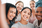 Diversity business women in selfie with smile for success, motivation and happiness with teamwork for company social media content. Happy young group of people or marketing agency influencer portrait