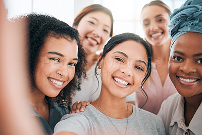 Buy stock photo Diversity business women in selfie with smile for success, motivation and happiness with teamwork for company social media content. Young group of people or influencer in female empowerment portrait