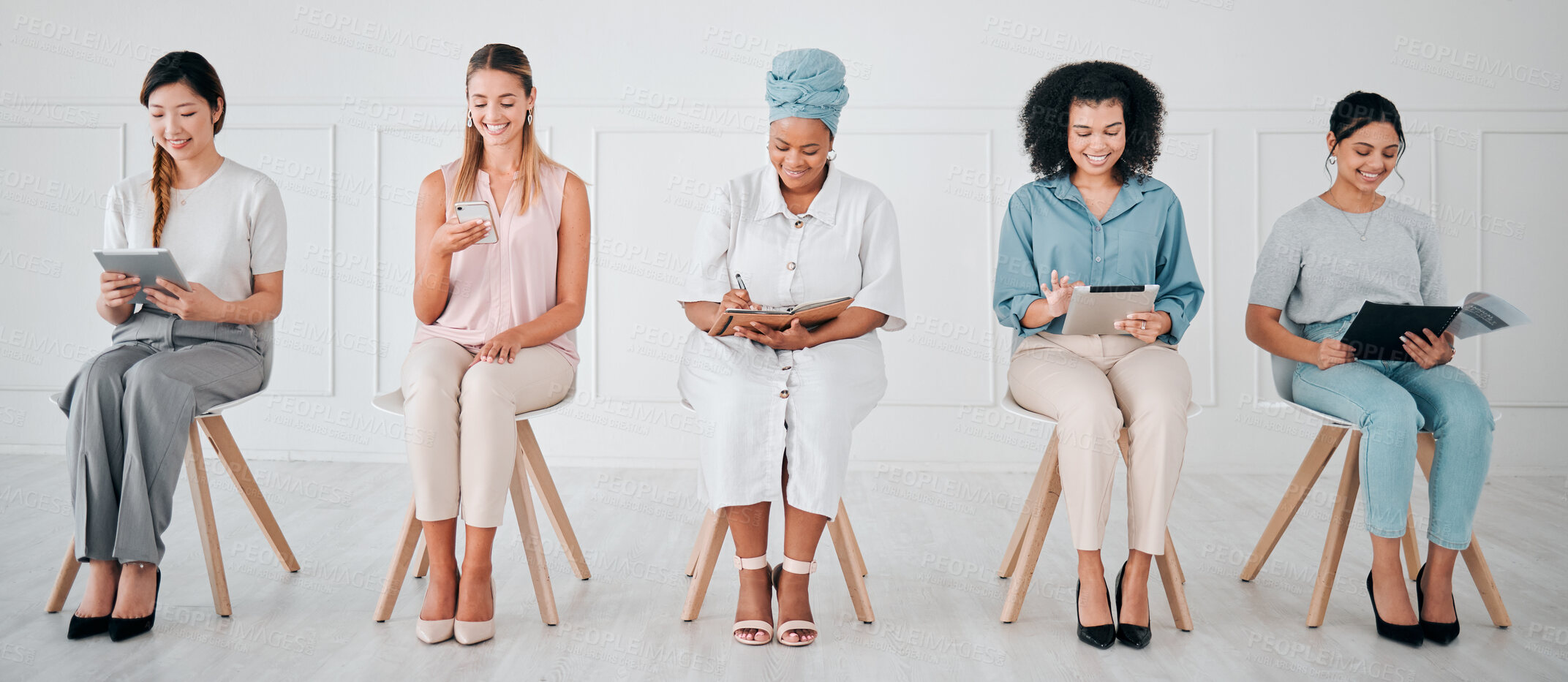 Buy stock photo Business women multimedia planning for recruitment, career goal and creative marketing strategy with diversity. Corporate people with notebook, smartphone and document in a job interview waiting room