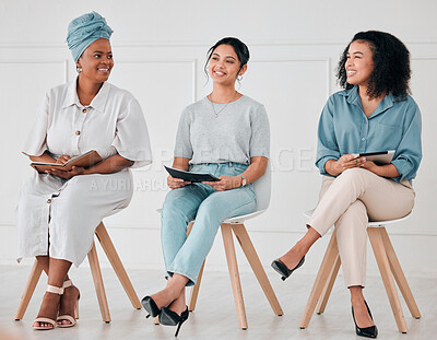 Buy stock photo Global women, diversity and company business meeting with digital tablet, notebook and paper documents. Smile, happy and inclusive teamwork collaboration in office innovation and brand strategy idea