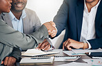 Partnership, collaboration and deal by handshake with business people shaking hands in support of goal. Welcome, contract and employee hire by partner in business integration in a corporate office