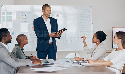 Buy stock photo Leadership, boss and business man presentation with proud leader training and coaching diverse team. Mentor, motivation and speaker answer question, giving feedback and improvement strategy in office