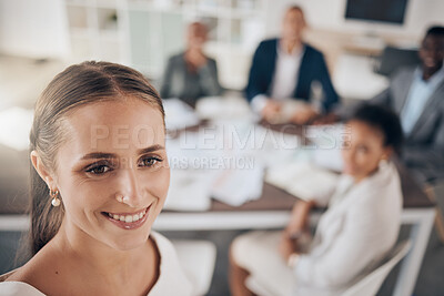 Buy stock photo Leader, motivation and presentation with business woman, CEO and manager coaching, teaching employees during meeting. Happy female mentor or coach with smile sharing vision, ideas and profit feedback