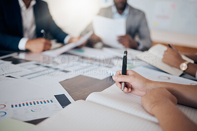 Buy stock photo Business woman hands writing in marketing meeting with notebook, paper or book for schedule, report or financial plan. Zoom of business people working with strategy, innovation or KPI company growth