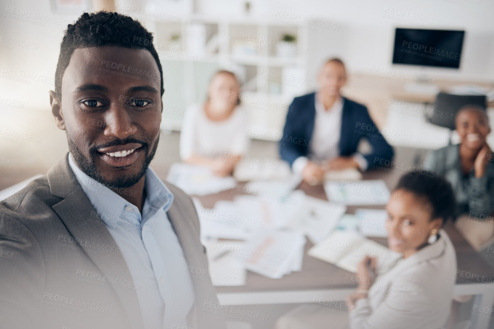 Buy stock photo Presentation, black man and finance meeting with a group of business people. Leader, vision and African speaker or presenter with executive audience in boardroom working on corporate data strategy.