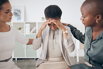 Buy stock photo Mental health, depression and business support group with woman comfort friend after getting bad news at work. Unhappy, fired and sad employee in friends circle showing unity, kindness and community