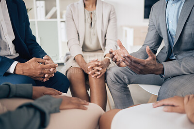 Buy stock photo Business people in group therapy, workshop and communication with mental health, stress or conversation in office. Support worker talking, discussion or speaking in team building at company workplace