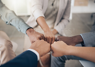 Buy stock photo Teamwork, diversity hands and trust with business people with fist together for collaboration, support and motivation. Closeup of multiethnic group, team and colleagues working for growth and success