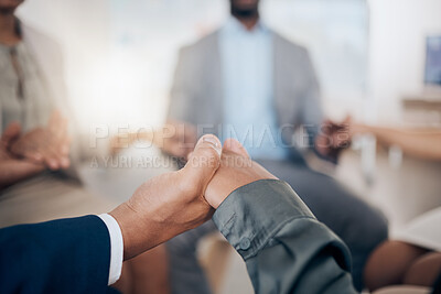 Buy stock photo Hands in prayer, team building or group counseling holding hands for support, care and mental health help. Religion, faith and love community or business professional in a circle for psychology