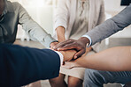 Business people, hands and teamwork unity in office circle for motivation, community trust or global collaboration. Zoom on black man, women or company diversity with target goal or ready for success