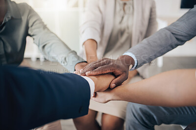Buy stock photo Business people, hands and teamwork unity in office circle for motivation, community trust or global collaboration. Zoom on black man, women or company diversity with target goal or ready for success