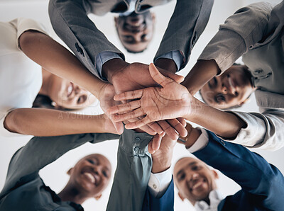 Buy stock photo Motivation, partnership hands and business meeting with support, team building or teamwork in company workshop. Collaboration, community and diversity with vision, mission and networking form bottom.