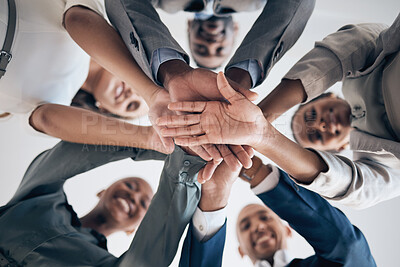 Buy stock photo Work, motivation  and hands in teamwork support of happy office worker group together. Business collaboration, community and working success of company employees ready to start corporate team project