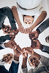 Team building, community and fist or hands for support, trust and teamwork for networking, collaboration and trust. Business people, diversity and employee with motivation, vision and global success.
