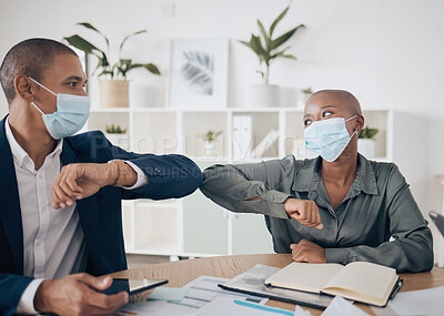 Buy stock photo Covid face mask and business people in meeting with elbow greeting, teamwork and collaboration together in the workplace or office. Corporate workers with motivation planning strategy in corona virus