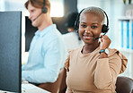 Call center, customer service  and support operator working in a busy office, friendly help with happy woman. Portrait of relax female consulting with online client, enjoying career and workplace 