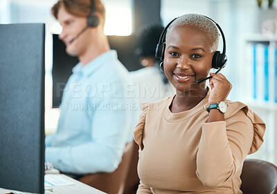 Buy stock photo Call center, customer service  and support consultant working in a busy office, friendly help with happy woman. Portrait of relax female consulting with online client, enjoying career and workplace 