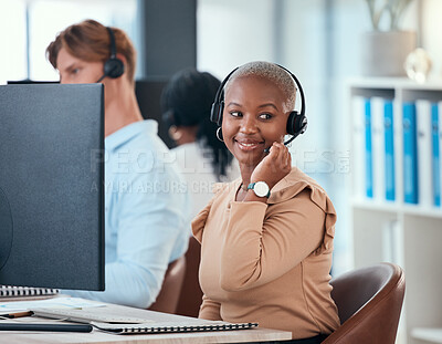 Buy stock photo Black woman working in call center, customer service or online help desk office on conversation with client or customer. Communication, consulting and telemarketing consultant giving a sales pitch