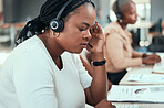 Black woman, call center and customer service online support workers at the office with headset. African female consultant, crm and telemarketing agent at work or company group helpdesk team.

