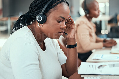 Buy stock photo Black woman, call center and customer service online support workers at the office with headset. African female consultant, crm and telemarketing agent at work or company group helpdesk team.

