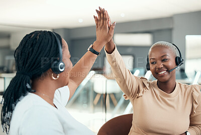 Buy stock photo High five, call center and teamwork with women celebrating and happy about success, target and goal working in telemarketing office. Black CRM, customer support and service agents in collaboration